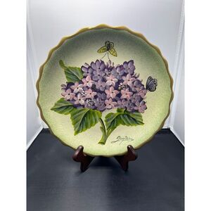 Hand Painted Decorative Hydrangea Floral Plate Butterfly Gold Trim Display Stand